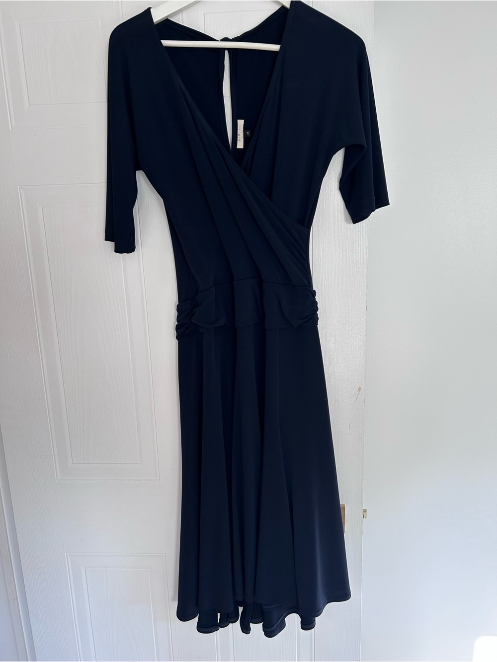 Elegant Navy Midi Wrap Dress with Gathered Waist